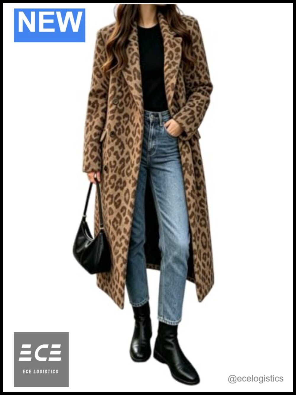 Womens Wool Blend Leopard Long Pea Coat Double Breasted Winter Overcoat